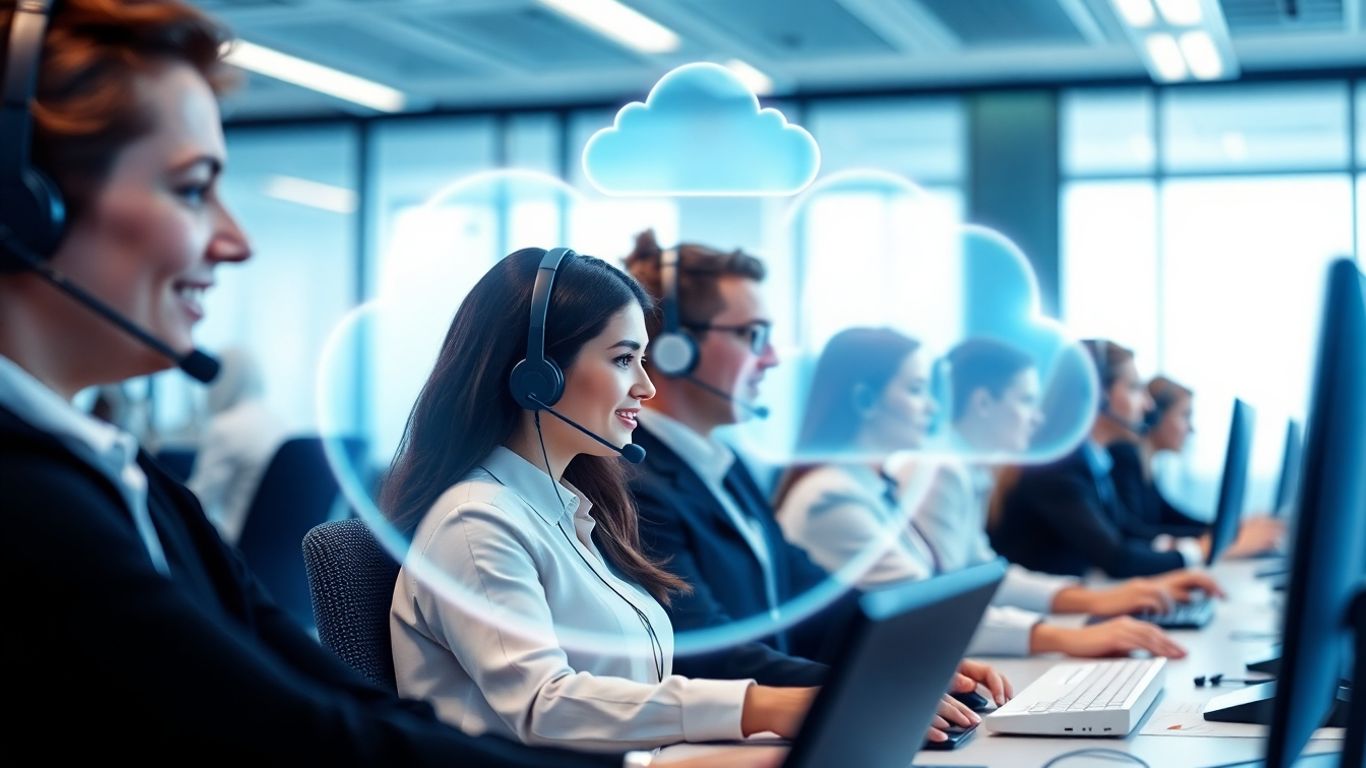 Healthcare call center agents using cloud technology in office