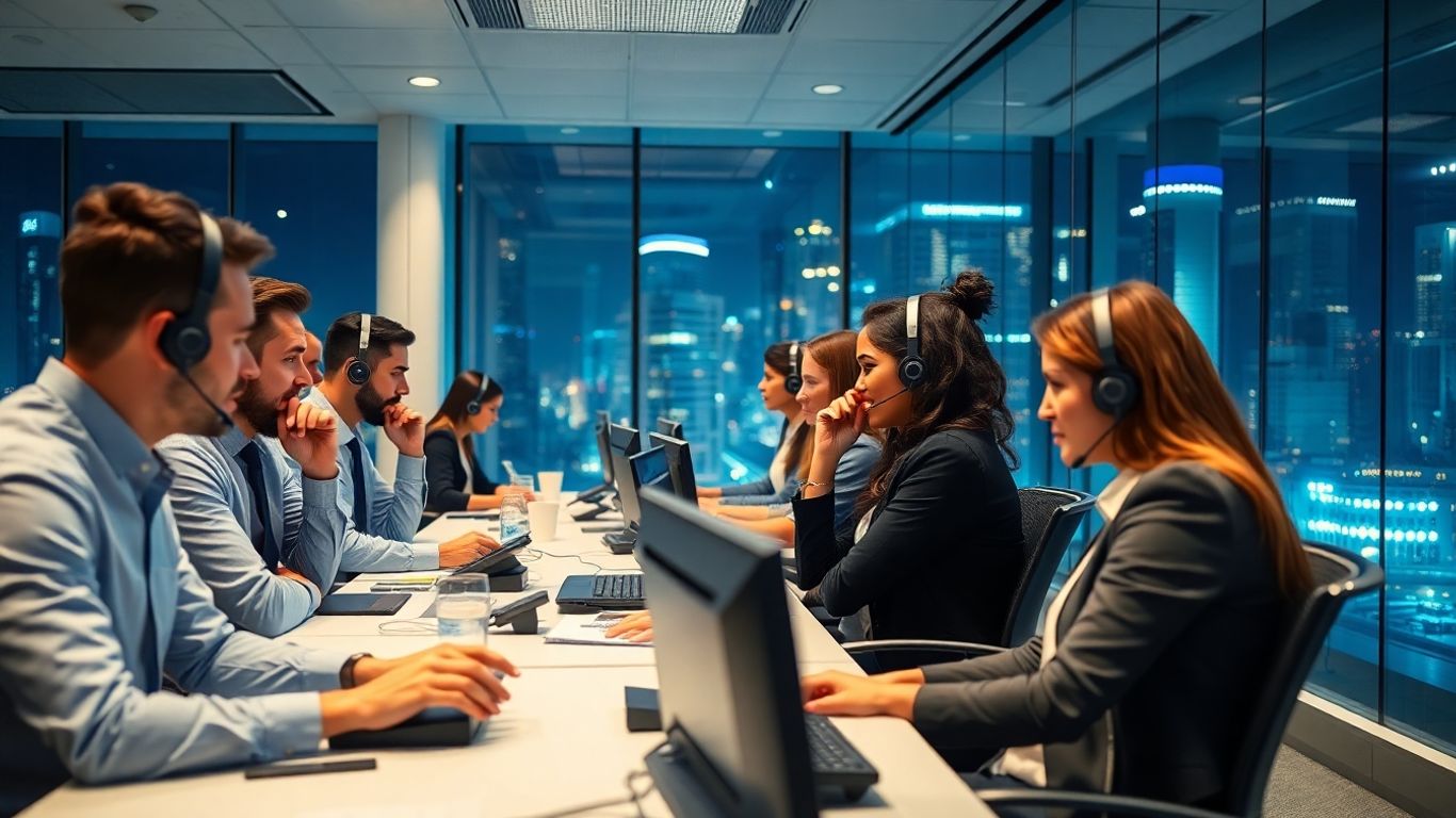 Office workers with headsets at night in lively workspace.