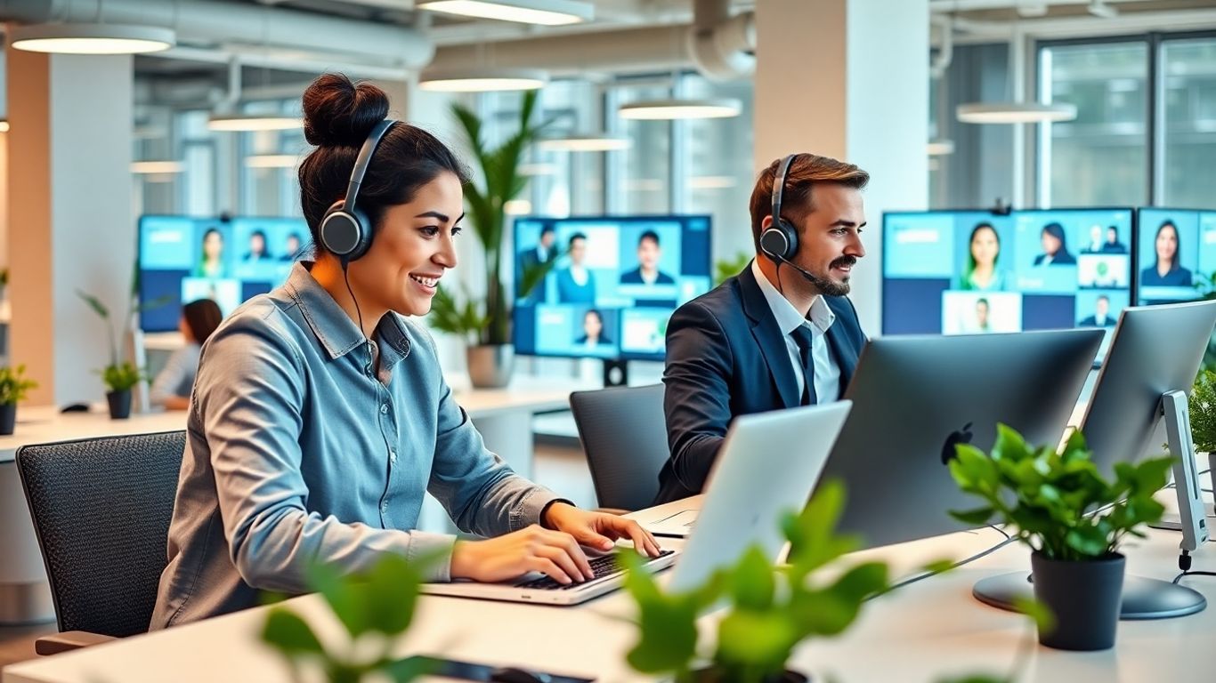 Modern office staff using headsets and digital devices