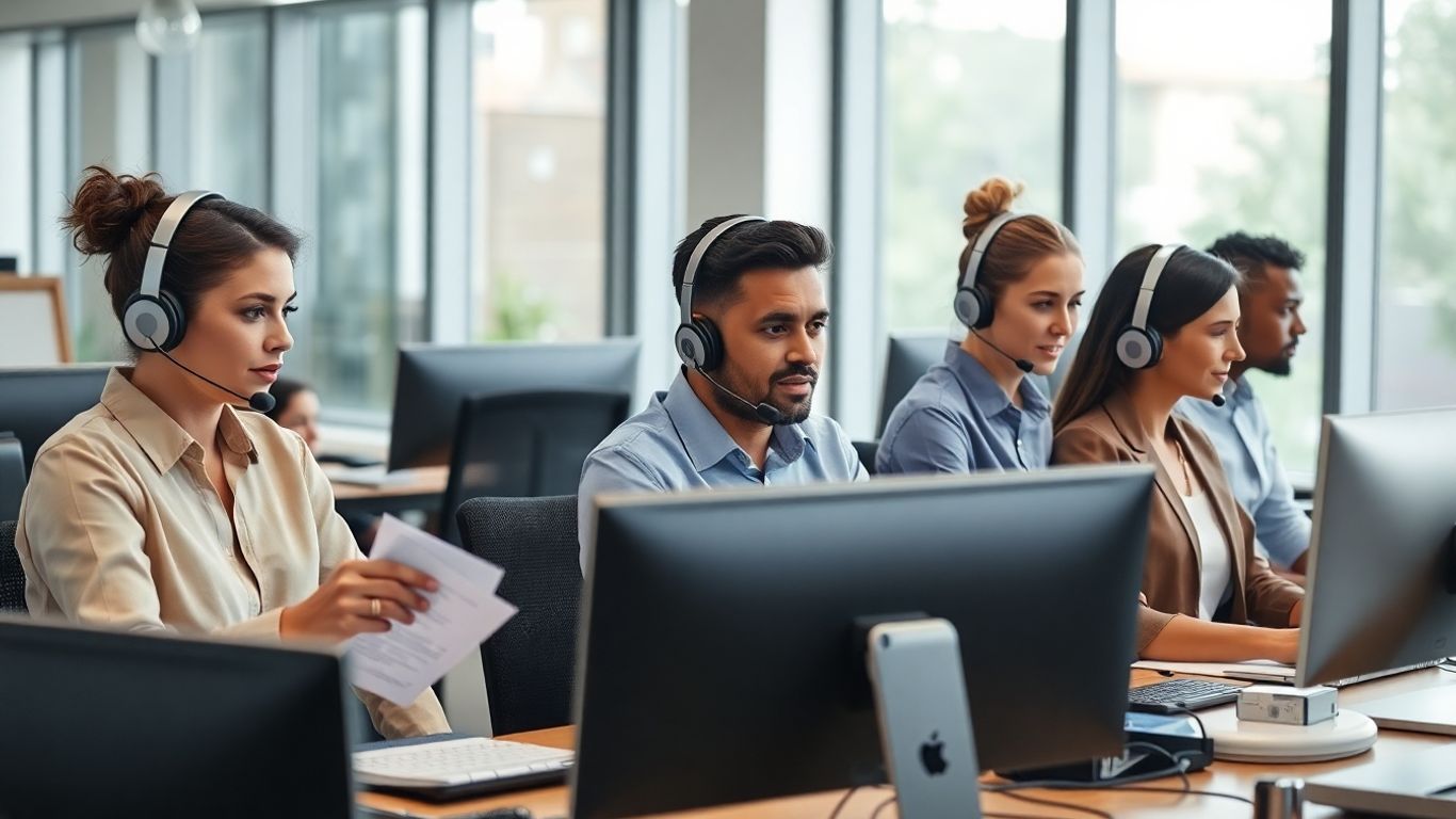 Business professionals using headsets in a modern office