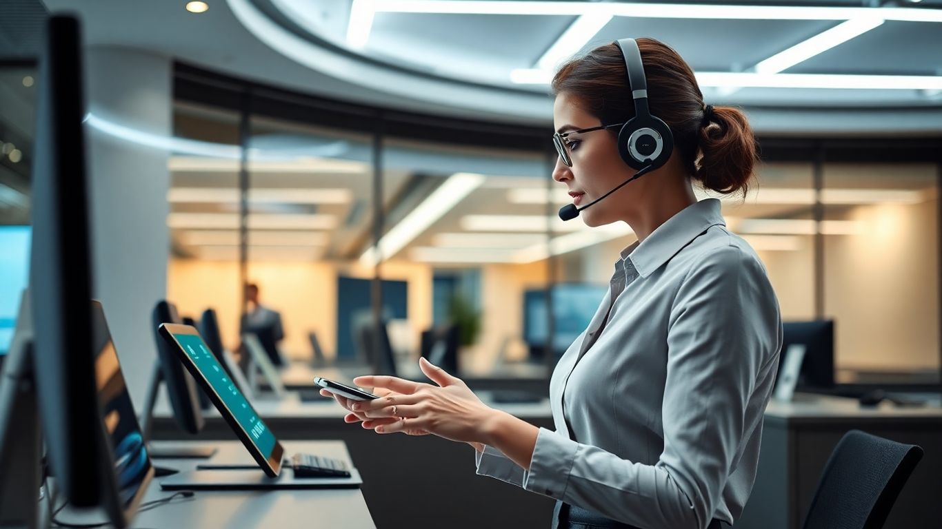 Professional receptionist using advanced technology in modern office