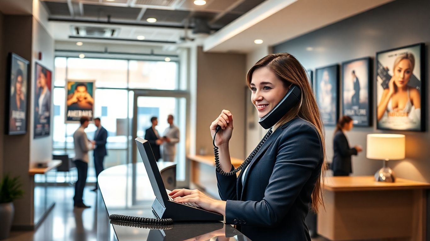 Receptionist answering phone in Hollywood office lobby