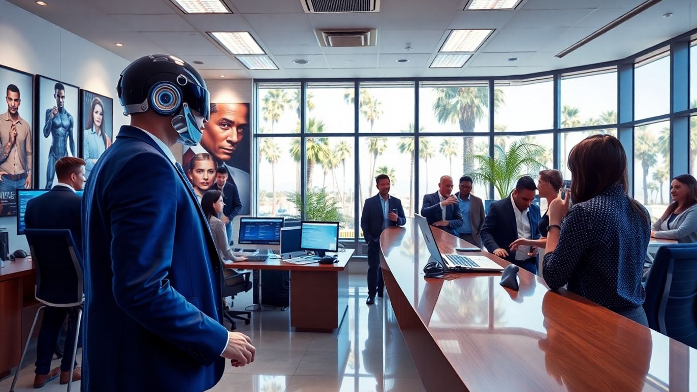 AI receptionist greets film producer in modern Hollywood office.