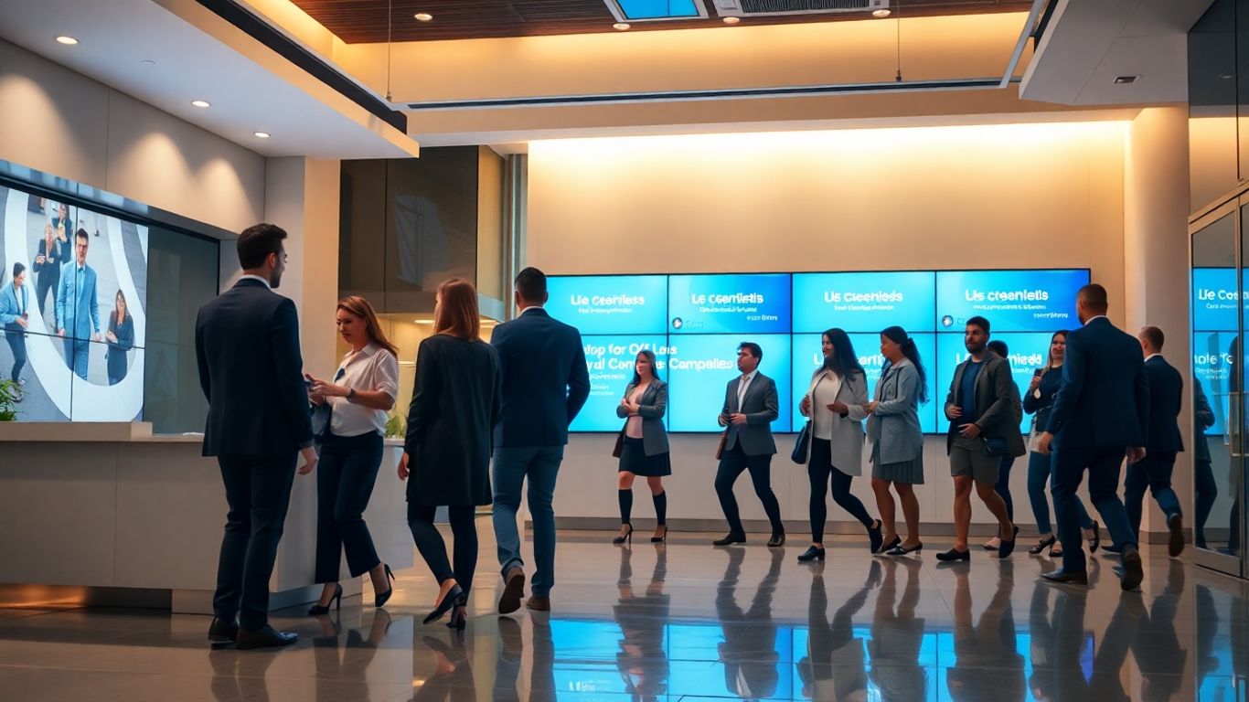 Modern Hollywood office lobby with busy receptionist scene