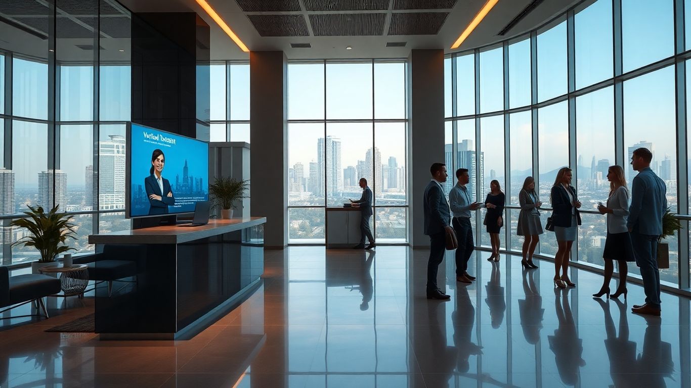 Modern office lobby with virtual receptionist and Hollywood skyline.