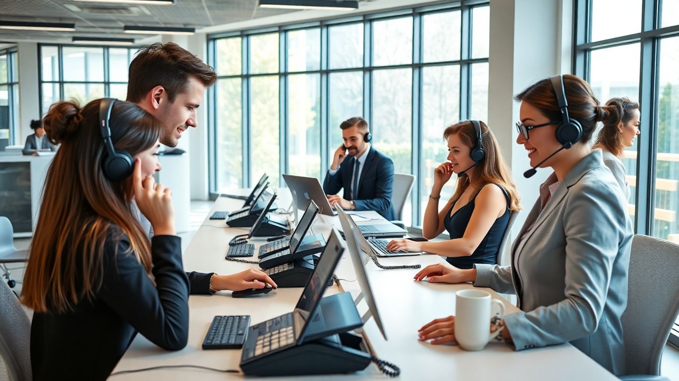 Receptionists answering calls in a sunny, modern office.
