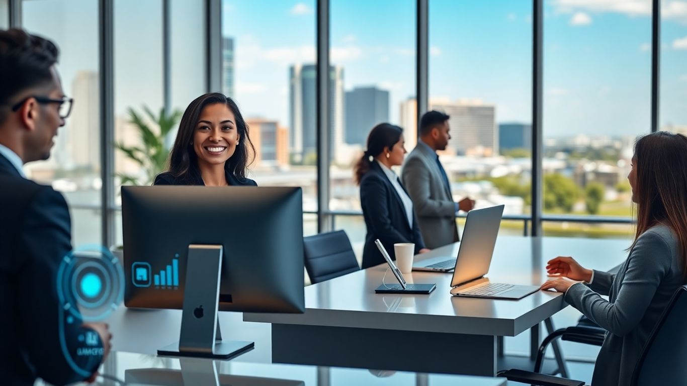 Virtual receptionist in modern office with digital overlay