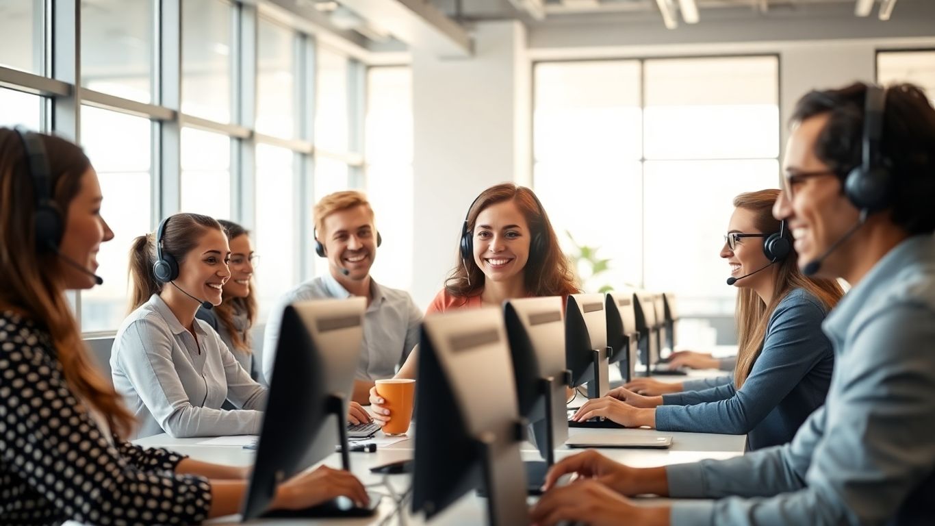 Diverse office team using headsets for business calls.