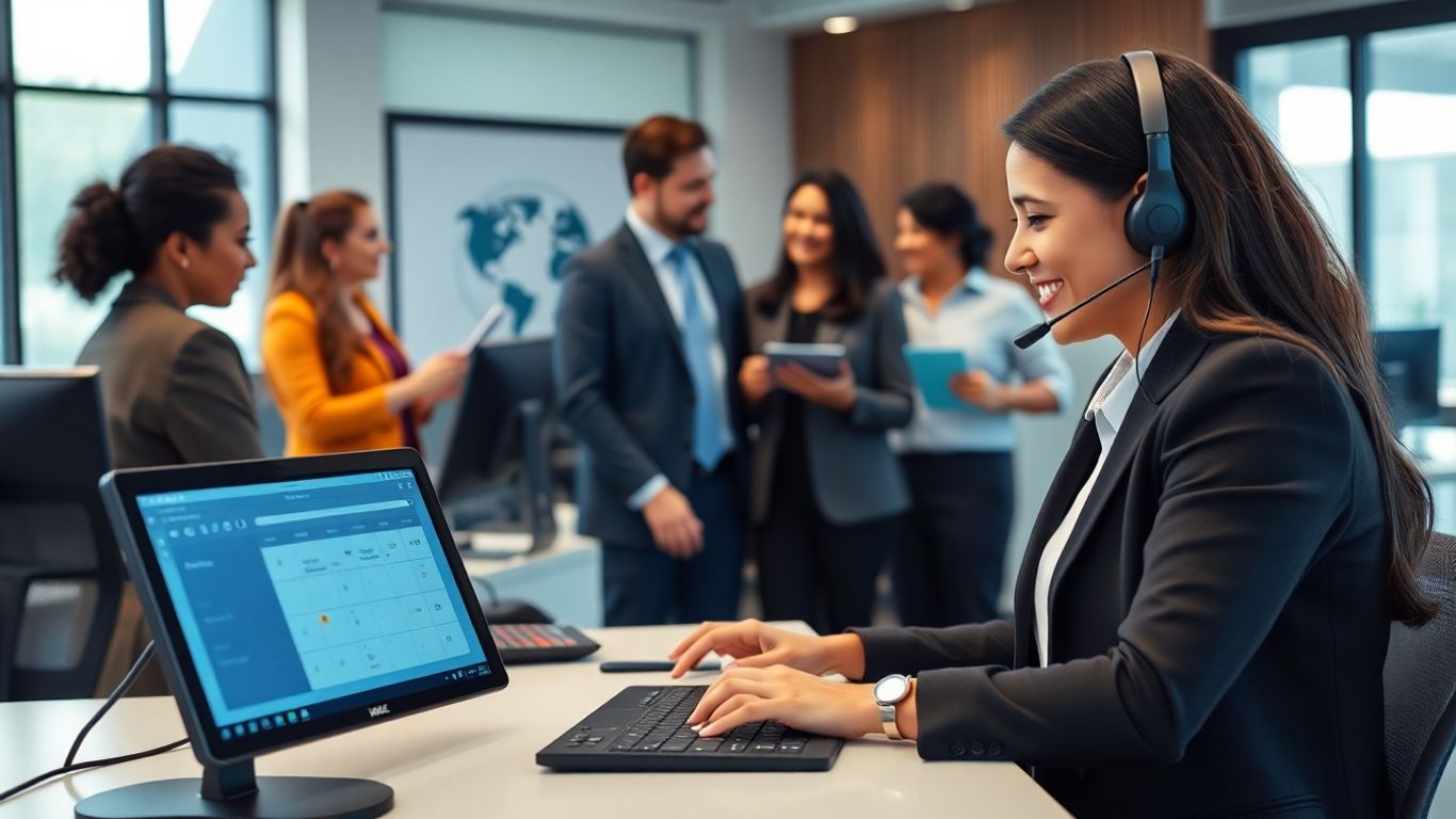 Receptionist scheduling appointments with modern technology in office