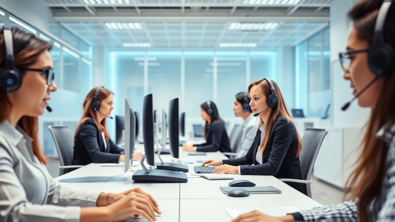 Call center agents with headsets in modern office