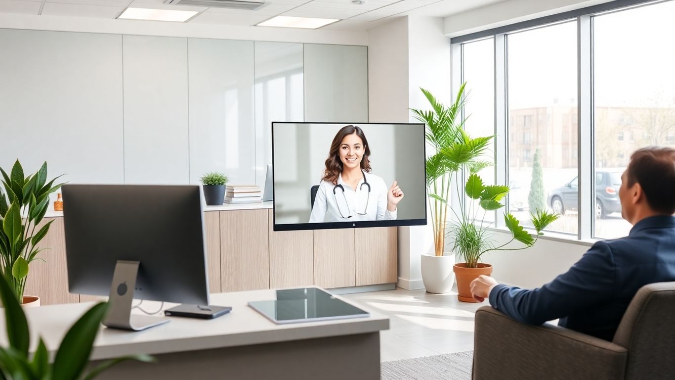 Virtual receptionist helping local business owner in office