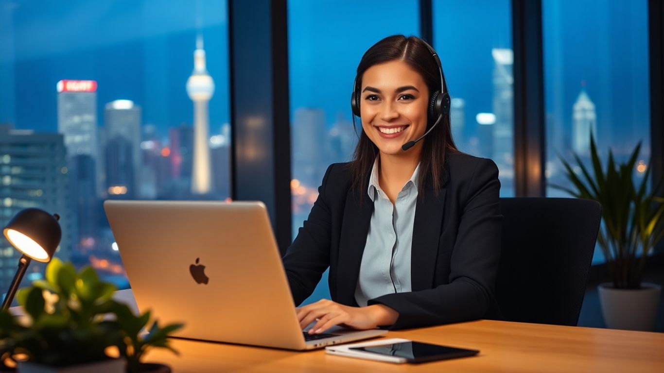 Businesswoman in headset working late in city office
