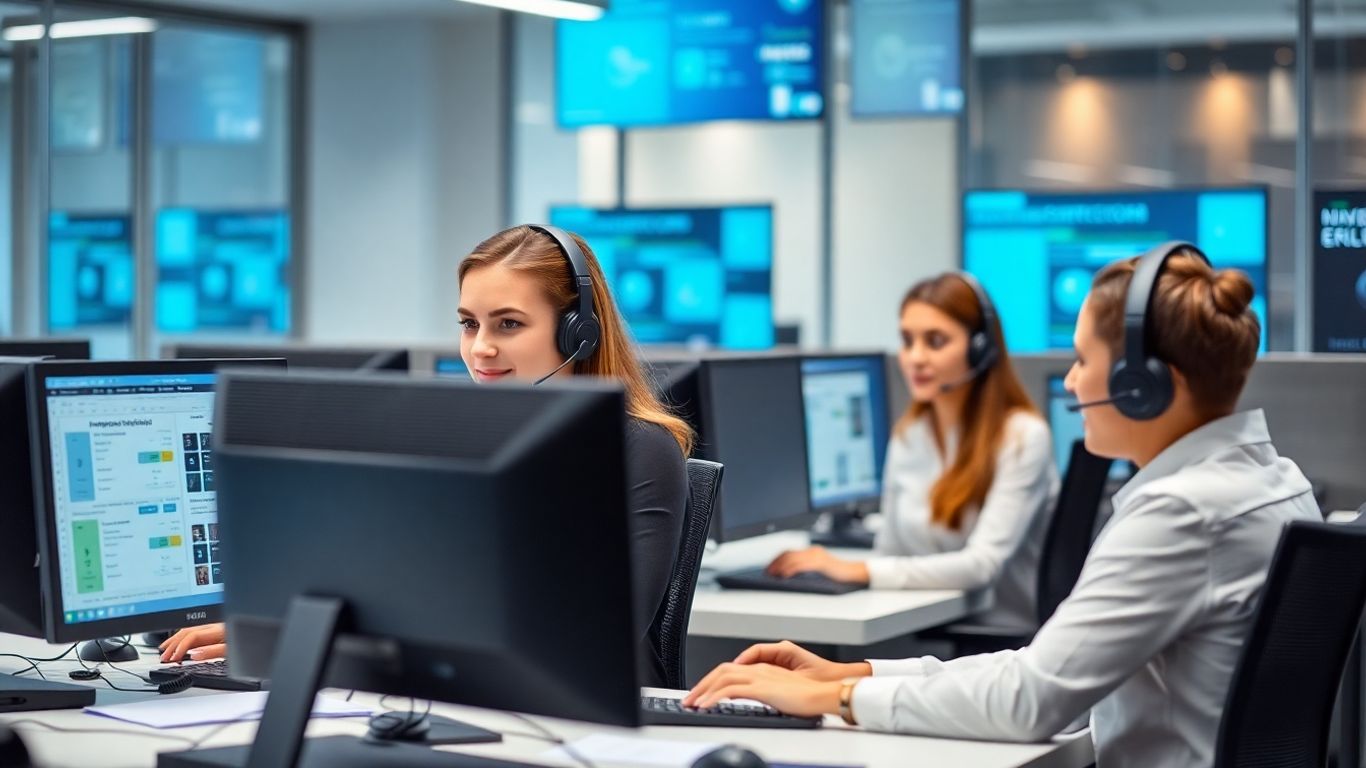 Customer service agents working in modern office environment.