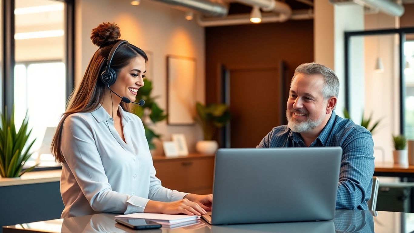 Receptionist and business owner collaborating in modern office