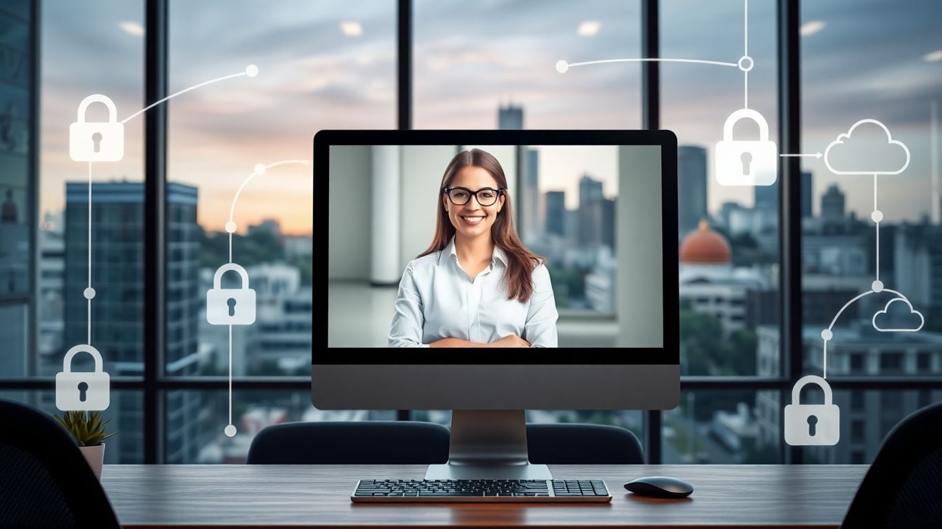 Virtual receptionist on screen with Knoxville city background