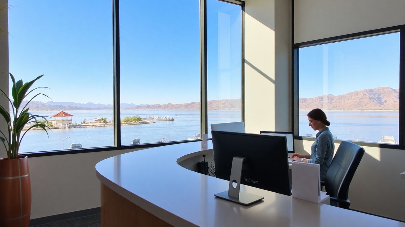 Receptionist at Lake Havasu City office with lake view