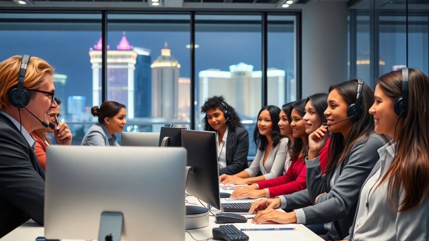 Business professionals in Las Vegas multicultural office environment.