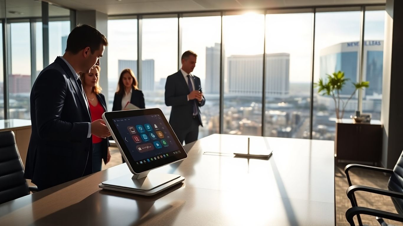 AI receptionist device in Las Vegas office setting