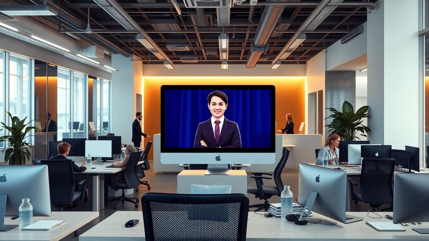 Virtual receptionist in futuristic Las Vegas office setting