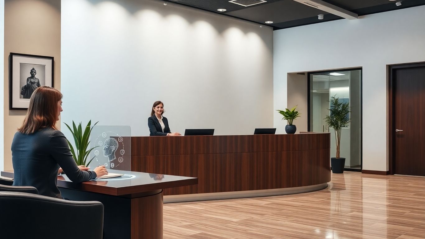 Receptionist greeting clients in a modern law office