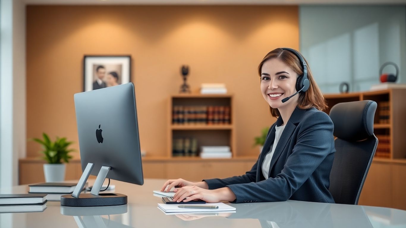 Professional receptionist with headset in a modern law office.