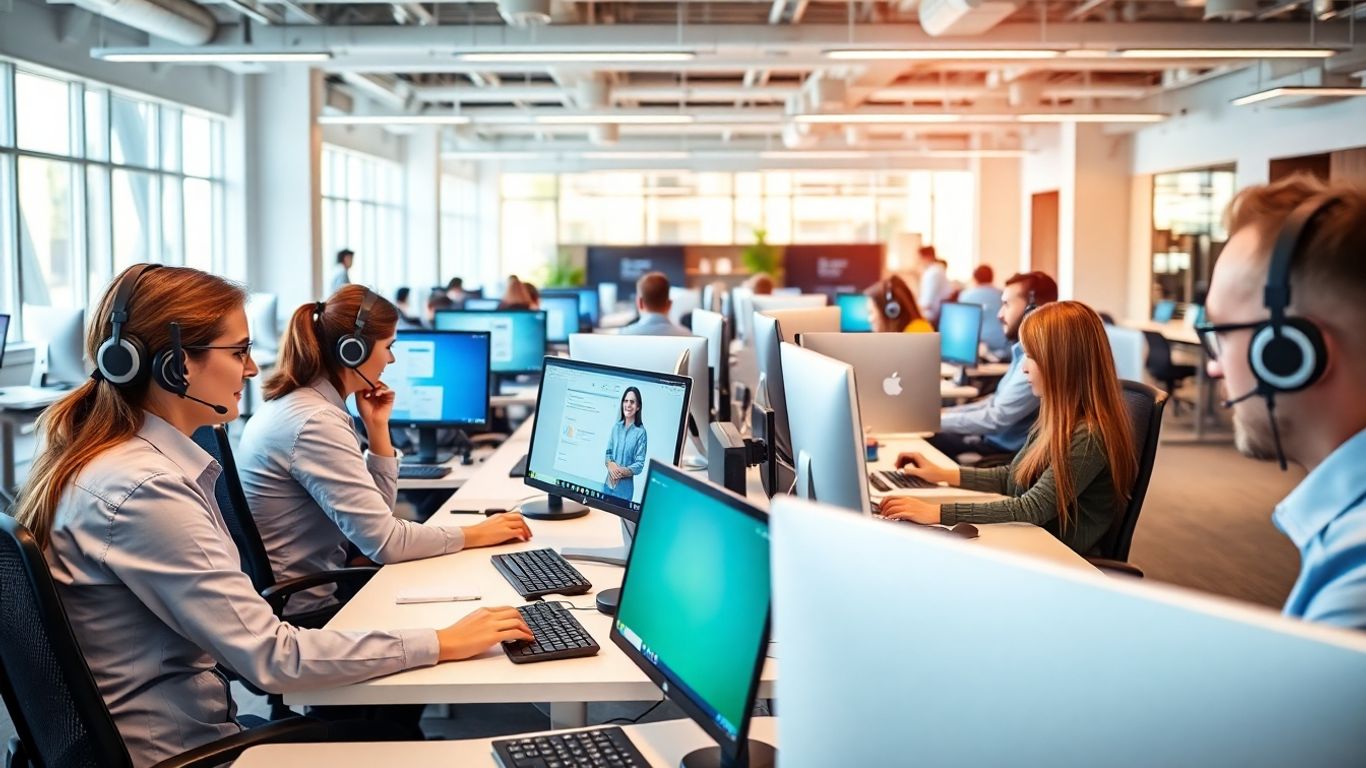 Office workers using headsets in a busy call center.