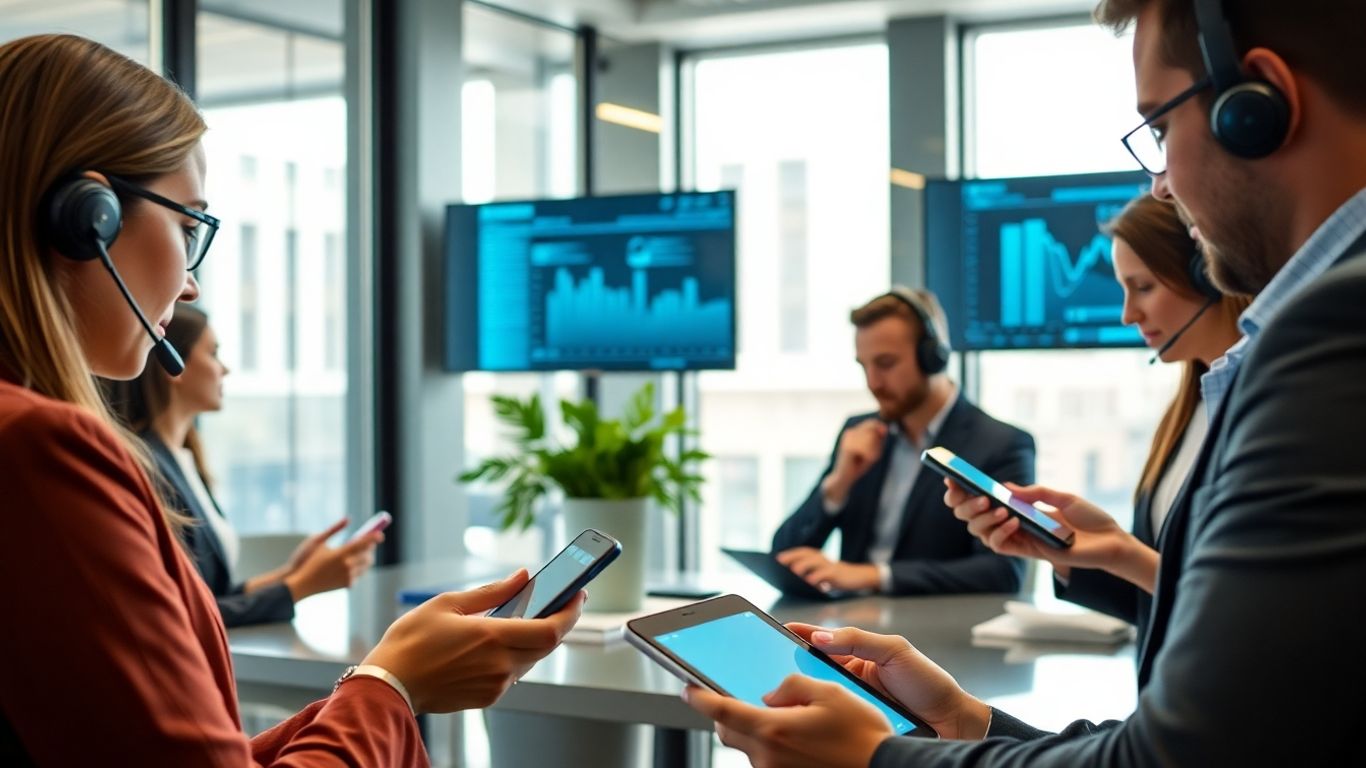 Business team using smartphones and headsets in modern office.