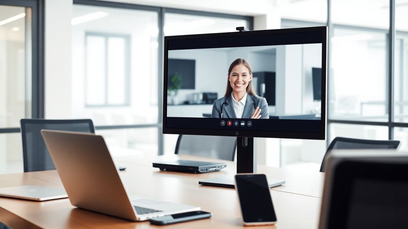 Virtual receptionist connecting with business team in office