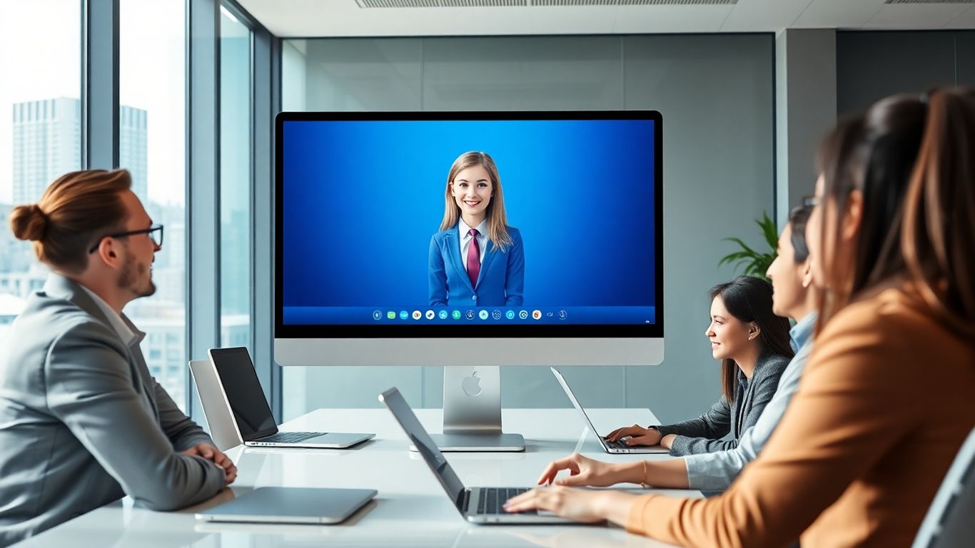 Virtual receptionist welcoming professionals in futuristic office.