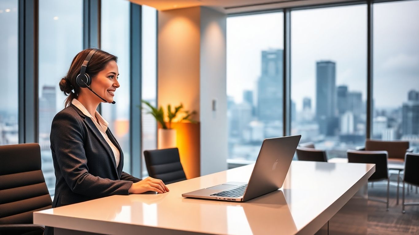 Receptionist answering phone in stylish modern office setting