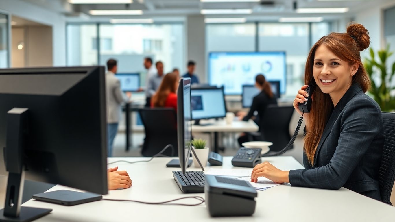 Receptionist answering phone in modern office with computers.