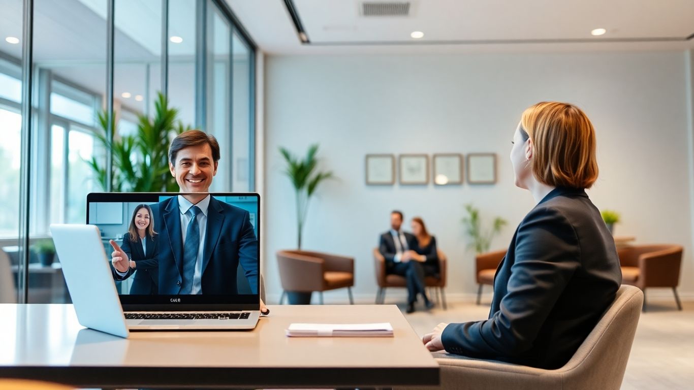 Lawyer video chatting with virtual receptionist in modern office.