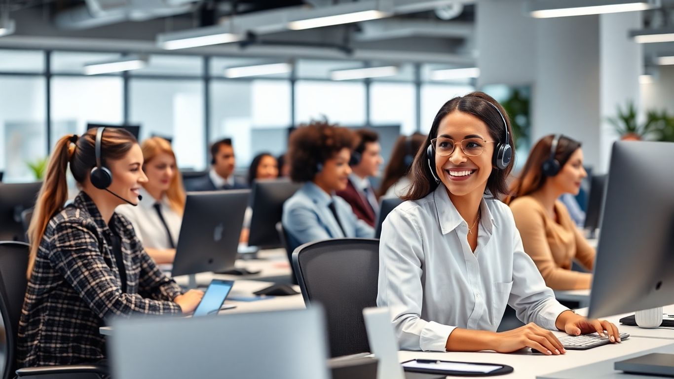 Business team answering calls in a bright office