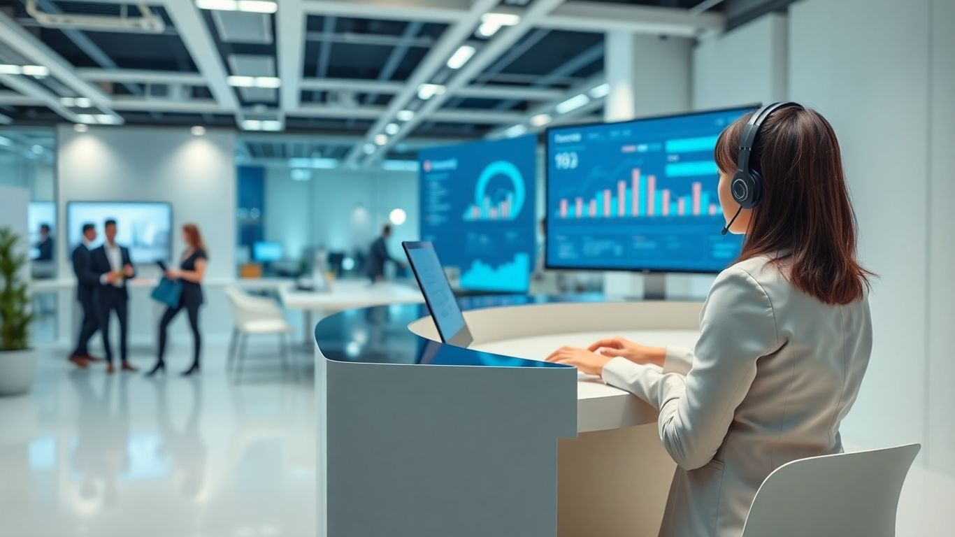 Professional virtual receptionist in modern high-tech office