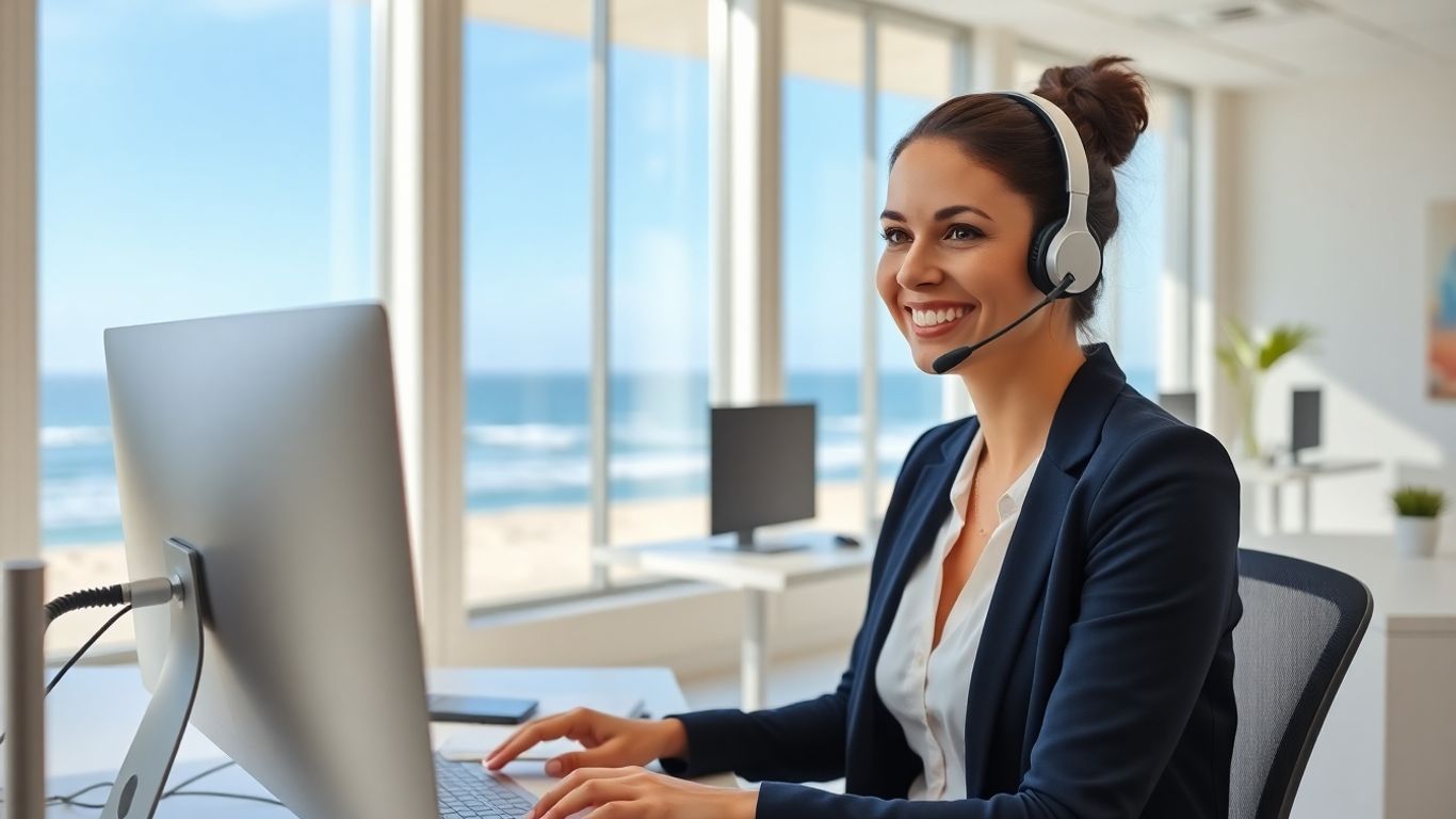 Professional virtual receptionist working in modern beachside office