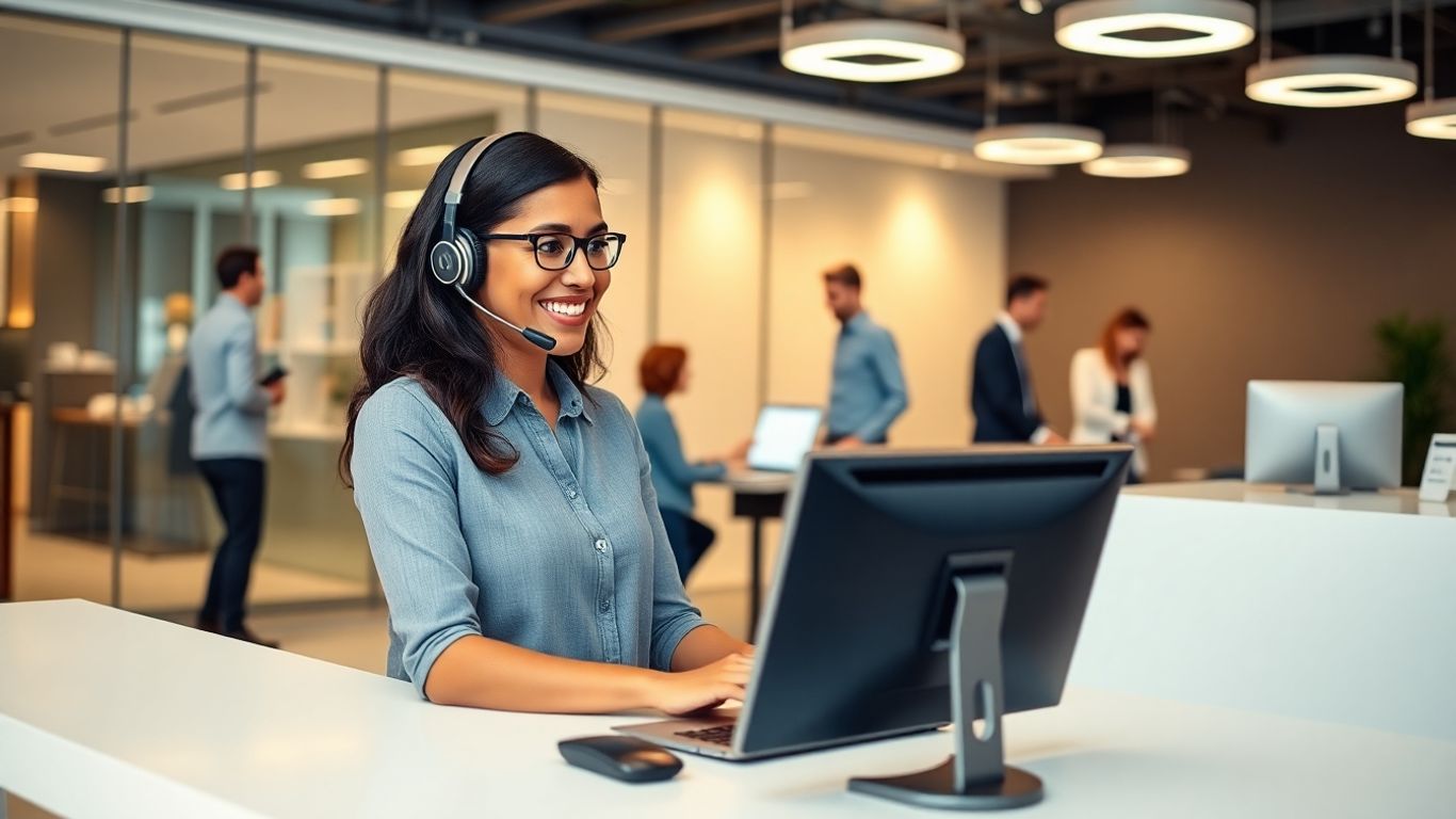 Virtual receptionist with headset assisting business team