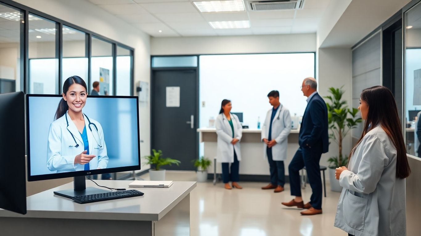 Virtual receptionist in medical office assisting patients efficiently.
