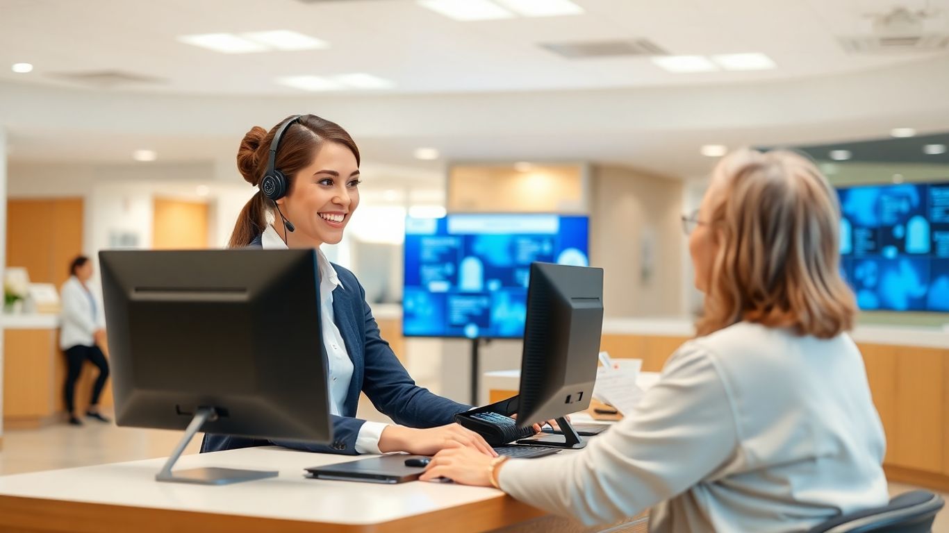 Receptionist with headset assisting patient in modern clinic.