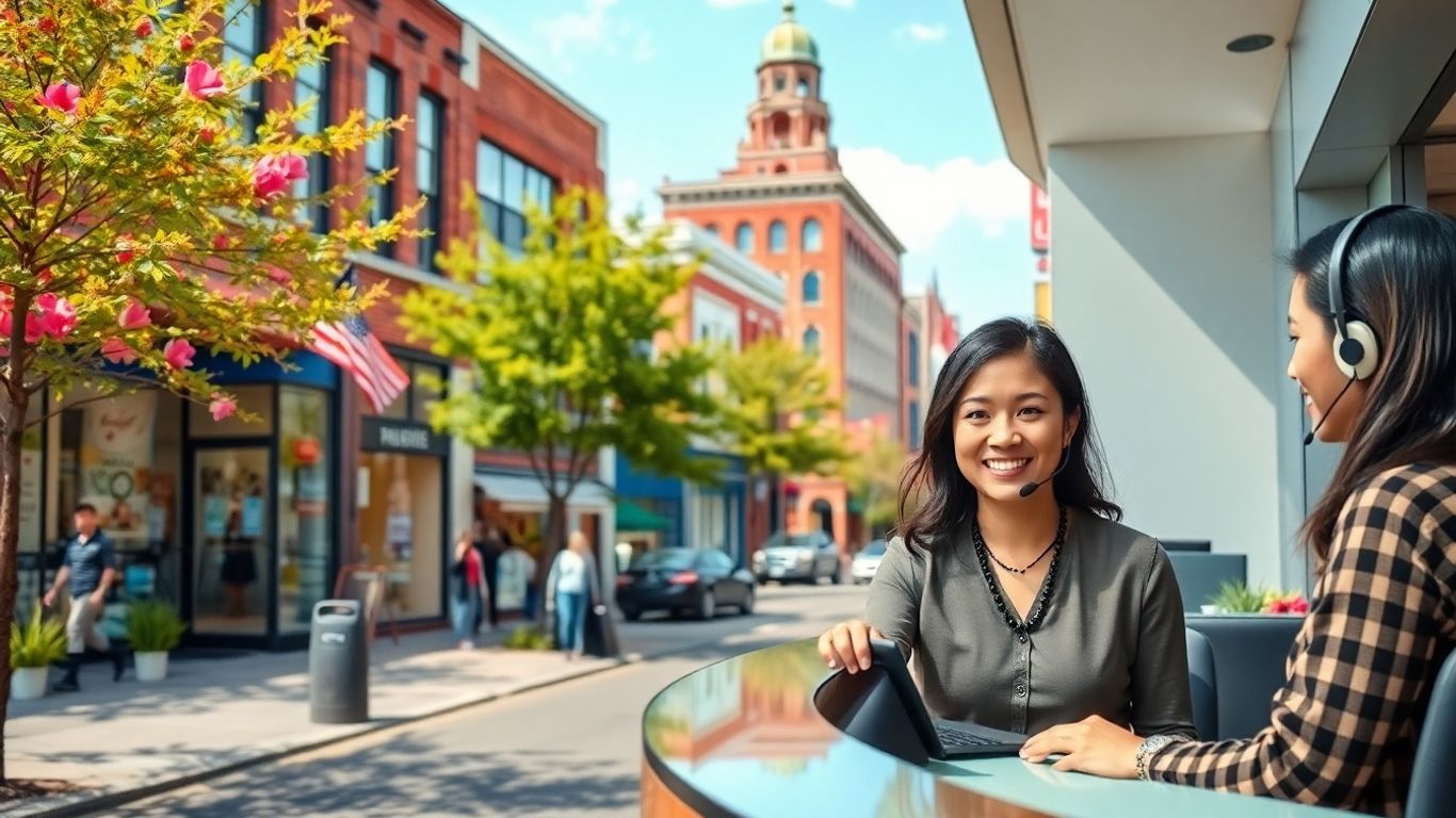 Receptionist answering calls in busy Memphis office street