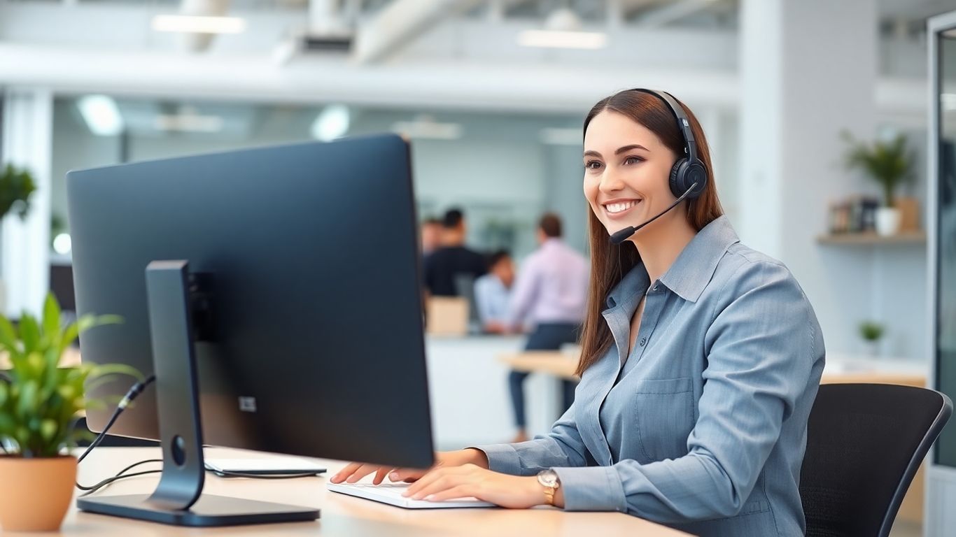Virtual receptionist at desk assisting local business calls