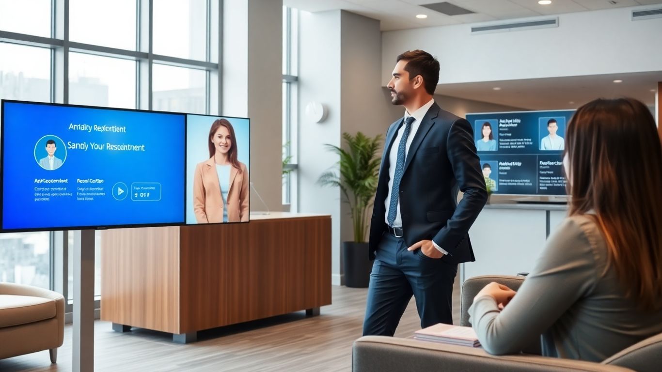 Virtual receptionist assisting visitor at modern office reception