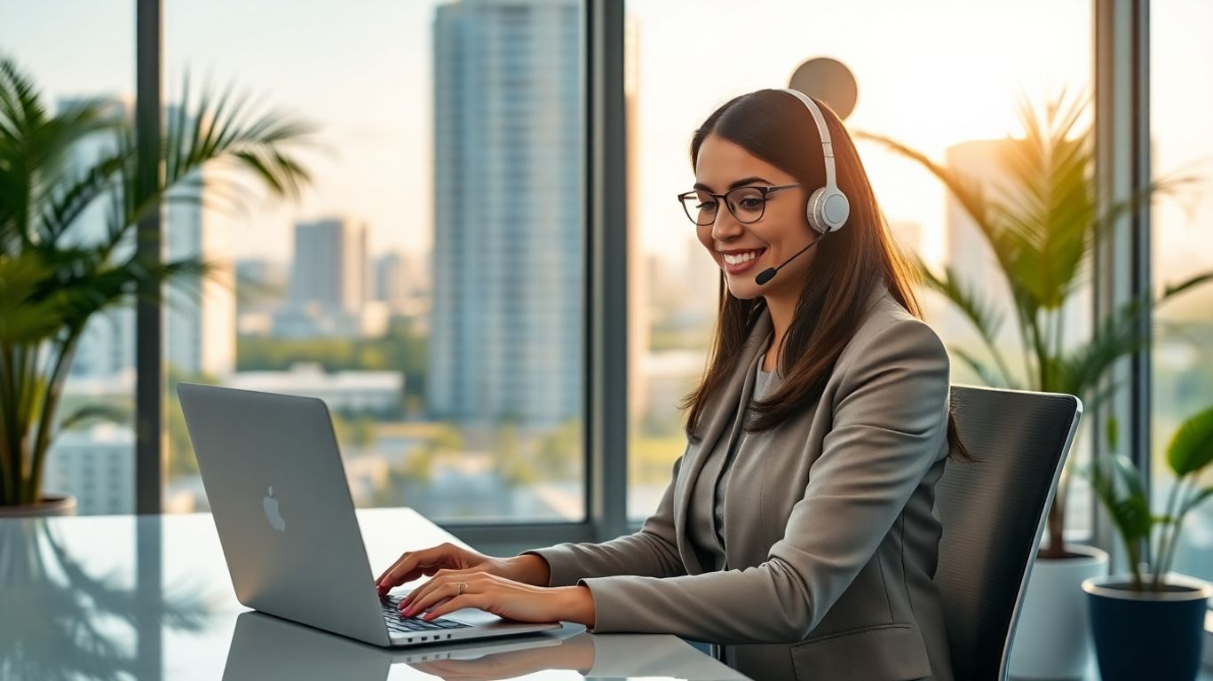 Virtual receptionist in Miami office with headset and laptop