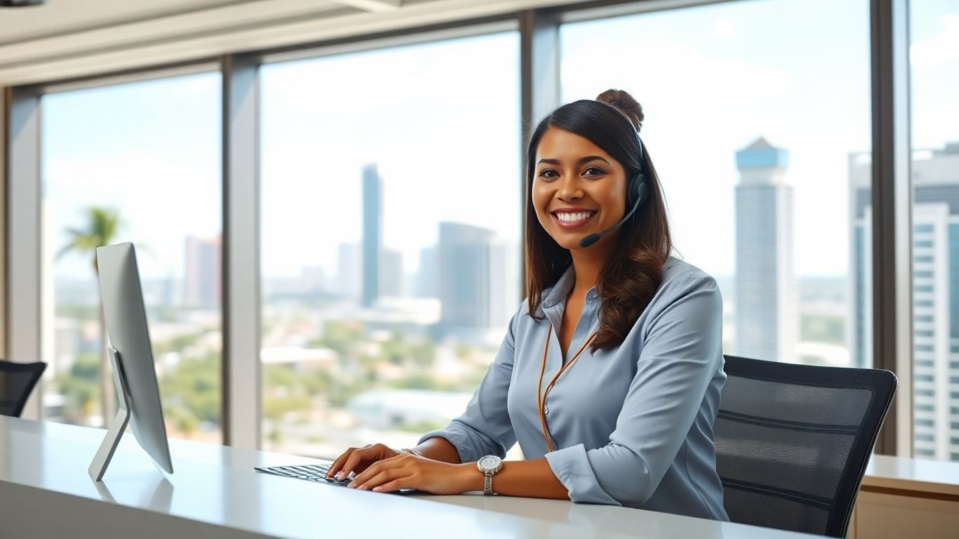Bilingual receptionist at desk with Miami skyline view