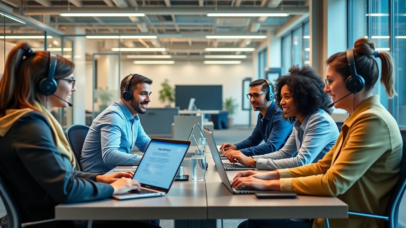 Remote teams using headsets and laptops in modern office