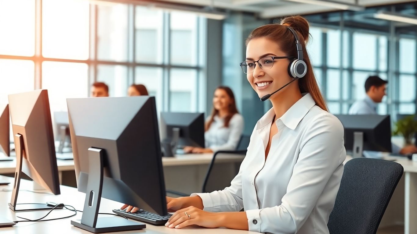 Receptionist with headset managing busy office communication