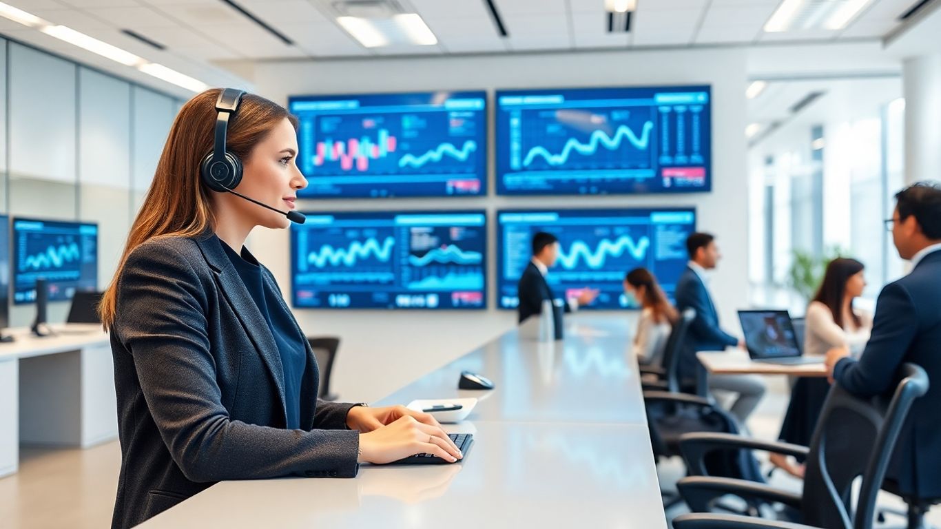 Receptionist in modern office using technology for business communication