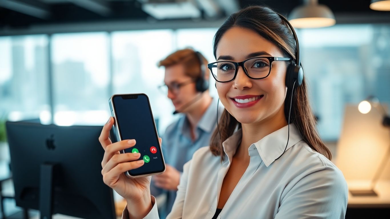 Businessperson using mobile answering service in office