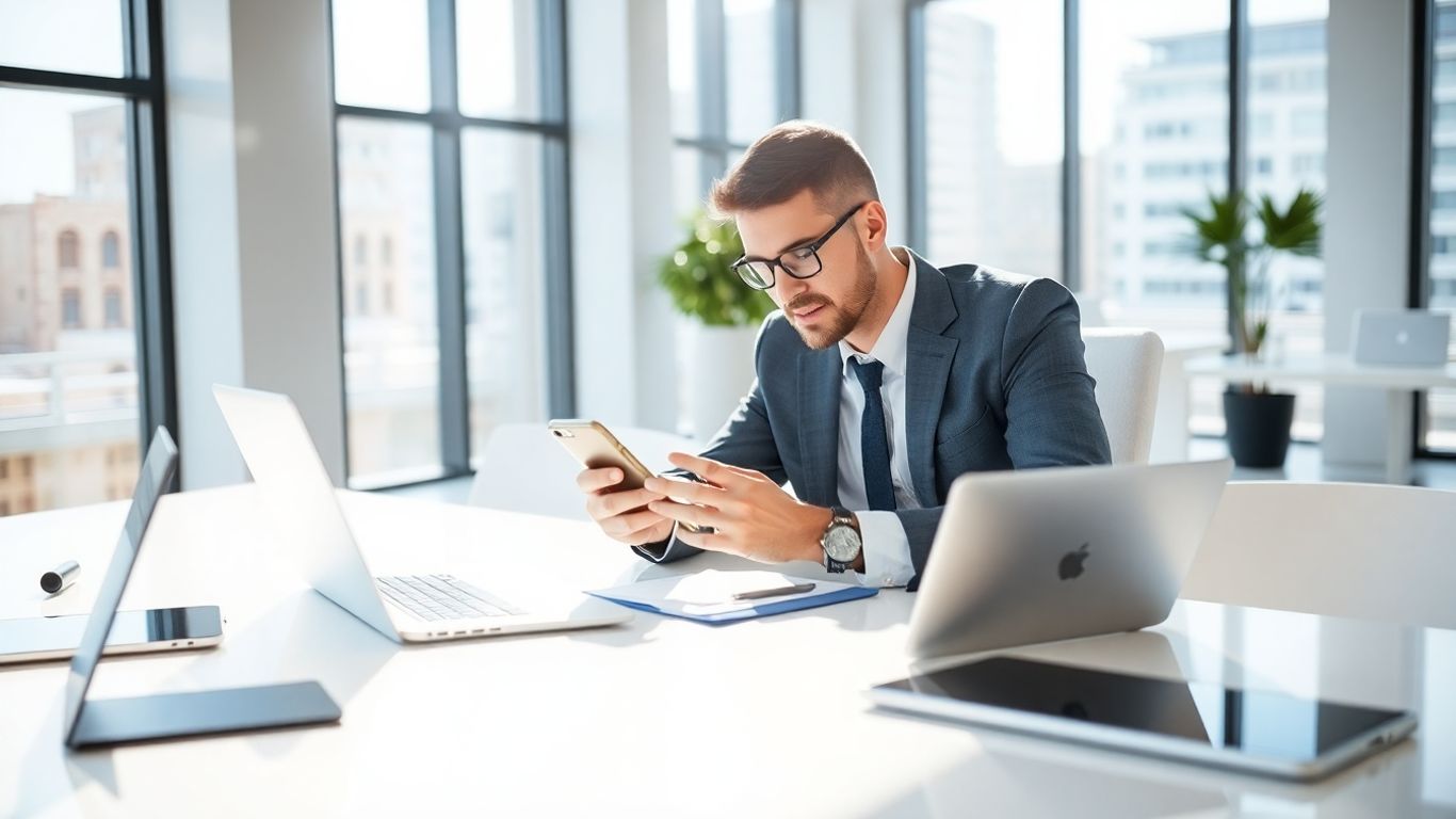 Business professional using smartphone in a bright office.