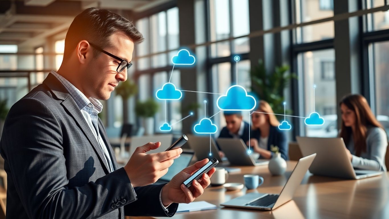 Professional using smartphone with digital cloud connections