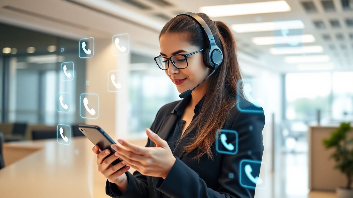 Receptionist with smartphone and holographic communication icons
